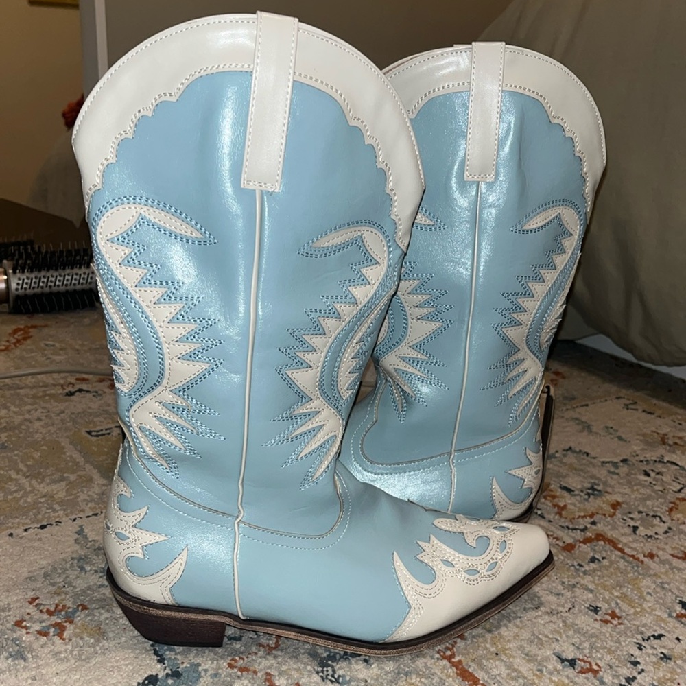 Blue and white cowboy boots